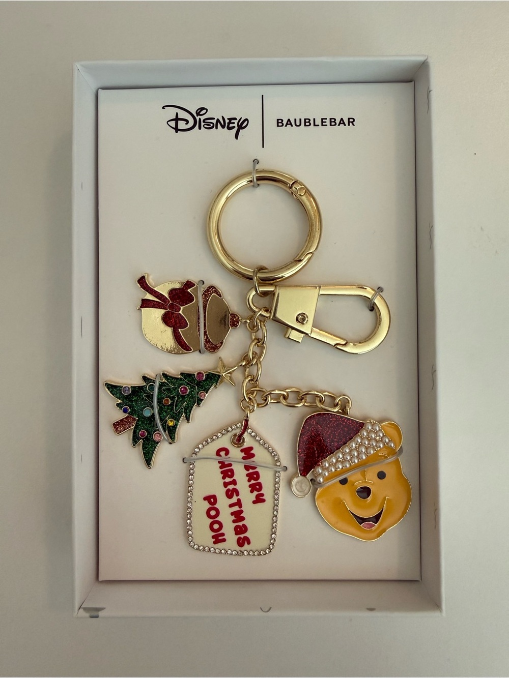 NIB Disney BaubleBar Winnie the Pooh Gold Holiday Keychain Bag Charm